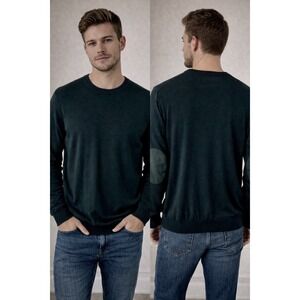 Hackett London Men's Wool Sweater XL Teal Forest Green Crewneck Elbow Patch